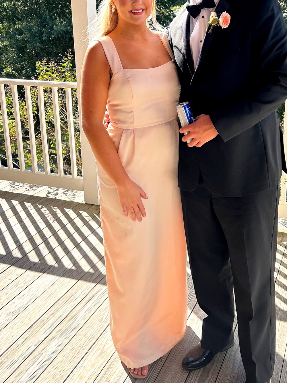 Elegant Peach Satin Bridesmaid Dress with Square Neck